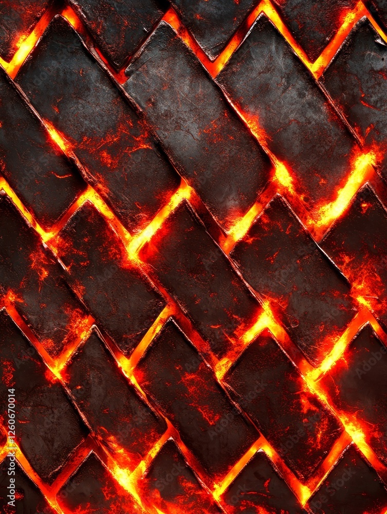 Poster glowing lava brick pattern - intricate pattern of dark bricks glowing with fiery orange lava. perfec