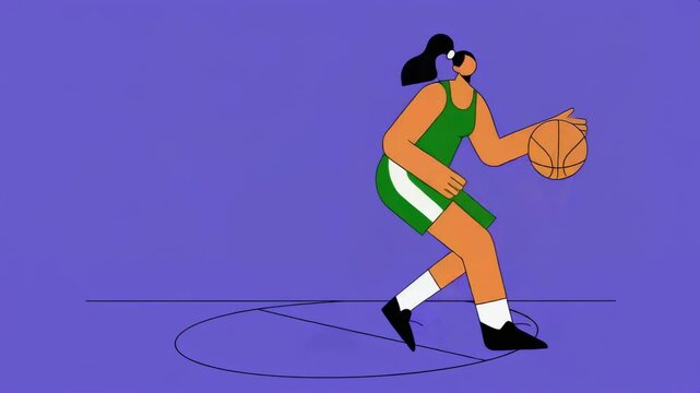 A modern, minimalist illustration of a female basketball player in motion, dribbling on the court. The bold, dynamic design highlights speed, energy, and athleticism, celebrating women's sports and co
