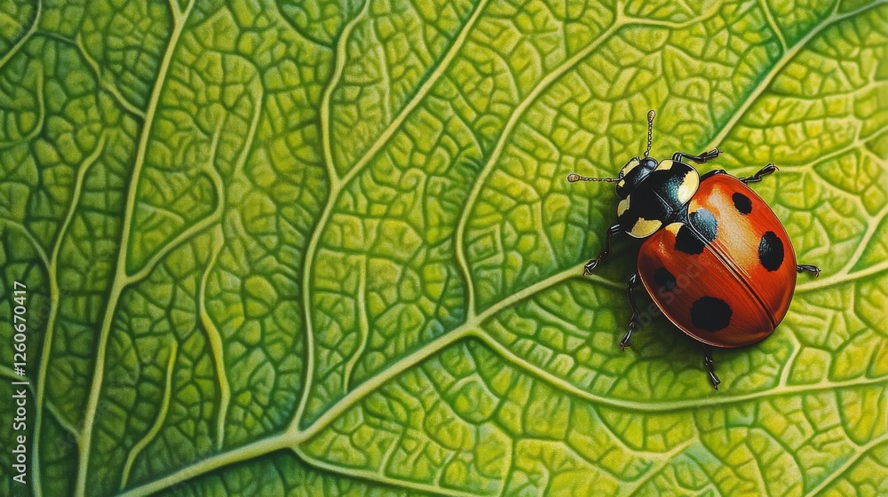 Poster a close-up of a vibrant green leaf with a small ladybug resting on its surface, showcasing the intri