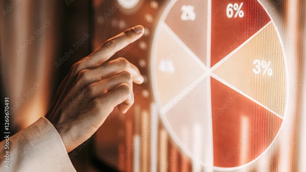 Poster a closeup of a hand reaching out to touch a floating holographic pie chart with numbers and percenta
