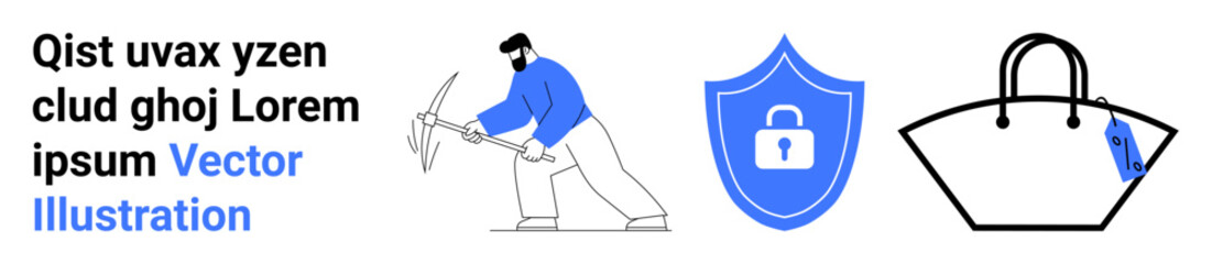 Man using pickaxe, secure shield with lock, handbag with price tag. Ideal for e-commerce, security, mining, shopping, cybersecurity sales protection themes. Perfect for flat landing page banner