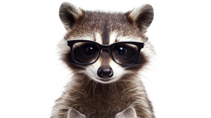 Cute fluffy raccoon wearing glasses isolated on transparent background
