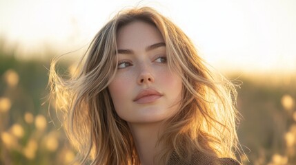 Fototapeta premium A close-up of a womans hair styled in loose beach waves, with natural highlights catching the light, complemented by a casual summer outfit in a coastal setting.