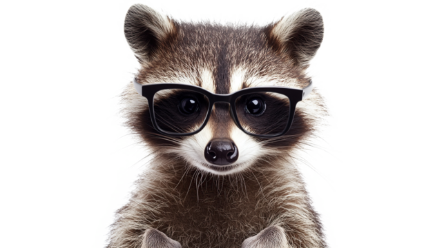Cute fluffy raccoon wearing glasses isolated on transparent background