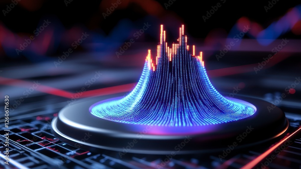 Poster abstract digital data visualization, glowing blue pixelated mountain shape on a circuit board backgr