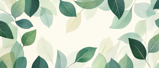 A serene background featuring an arrangement of various green leaves on a light backdrop