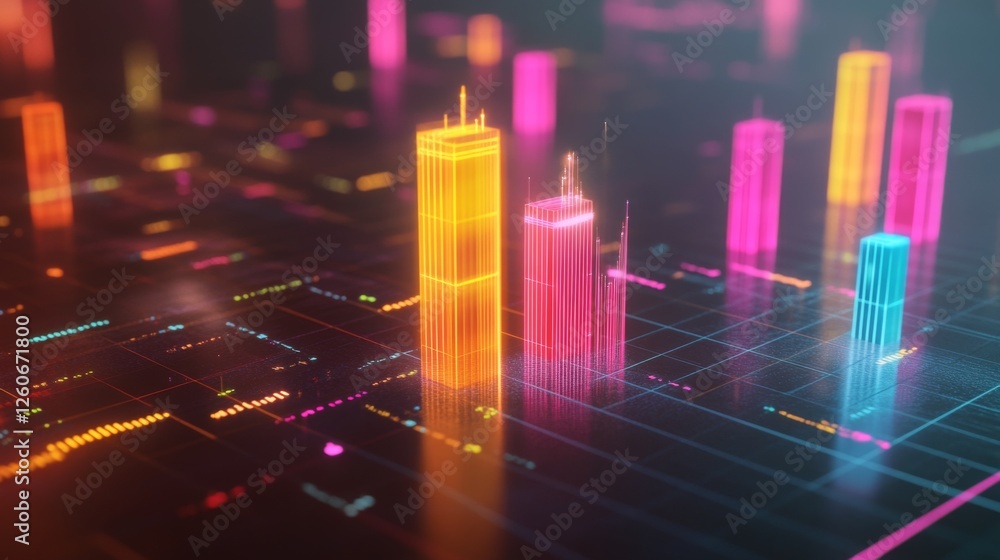 Aufkleber a colorful d bar graph rising on a grid background, with glowing bars representing data growth, and 