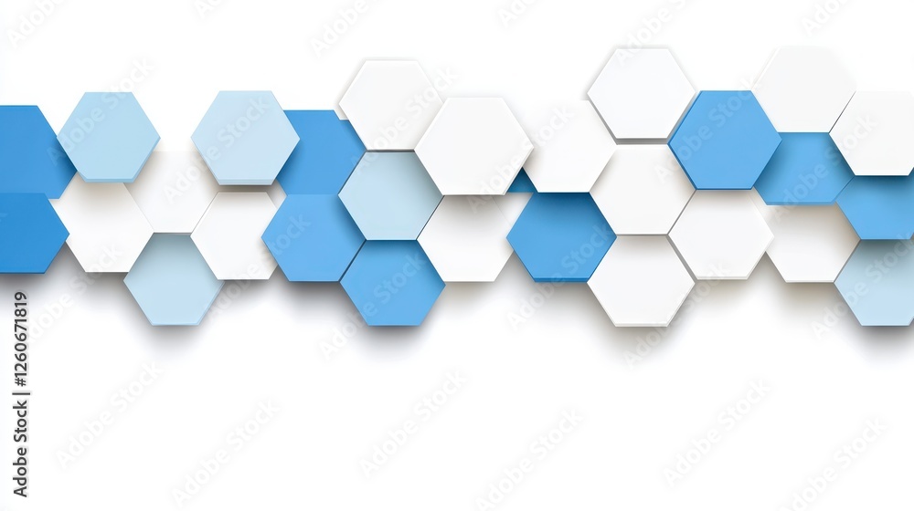 Poster abstract geometric pattern of light blue and white hexagonal shapes arranged horizontally on a white