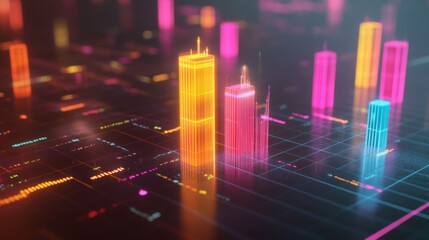 Fototapeta premium A colorful D bar graph rising on a grid background, with glowing bars representing data growth, and labels indicating different statistics.