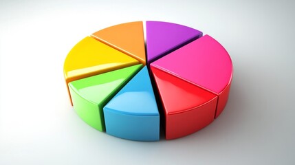 Obraz premium A colorful D pie chart with vibrant segments floating slightly above a white surface, each slice labeled clearly to represent different data categories.
