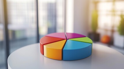 Fototapeta premium A colorful D pie chart with vibrant segments floating slightly above a white surface, each slice labeled clearly to represent different data categories.