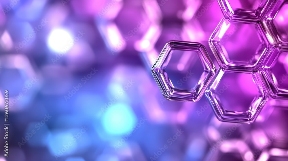 Poster abstract image of translucent purple and blue hexagonal shapes, interlocked in a grid pattern, set a