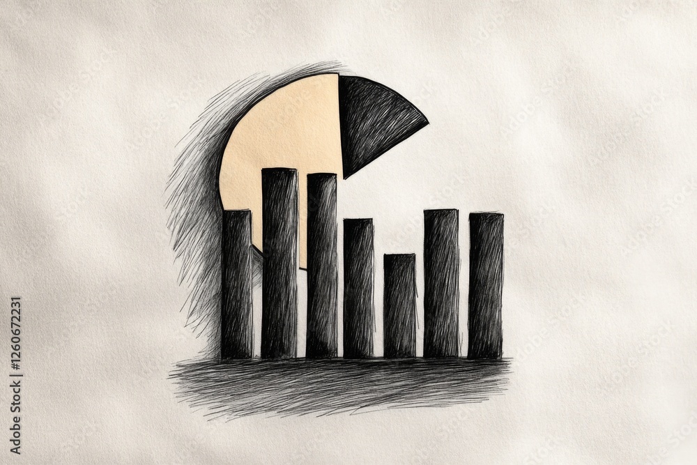 Poster a monochrome minimalist illustration of a pie chart and bar graph, representing data analysis in res