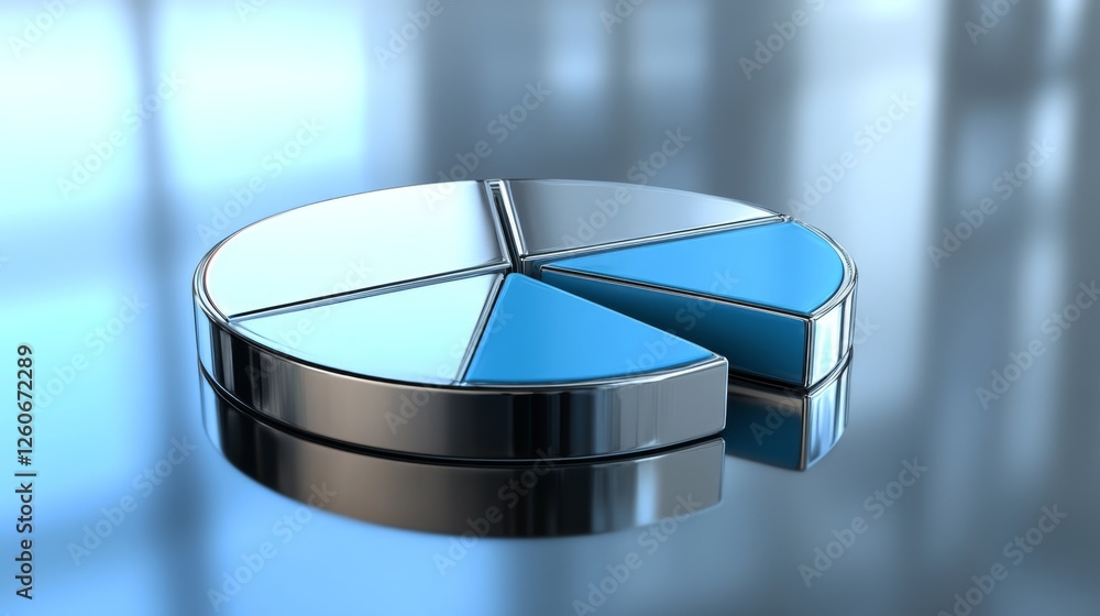 Poster a corporate d pie chart with glossy silver and blue segments, with one slice slightly pulled out to 