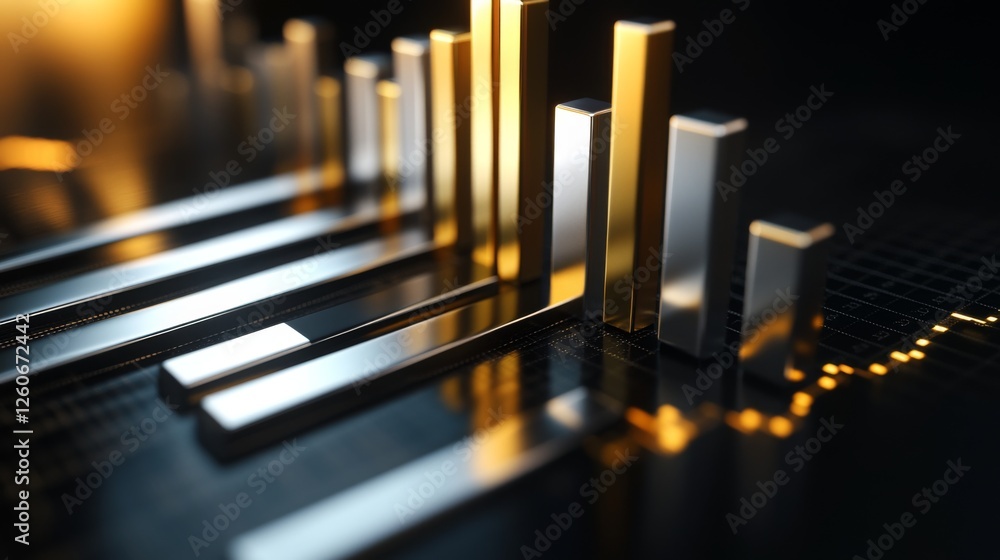 Poster a corporate bar graph with silver and gold bars, representing financial performance, set against a d