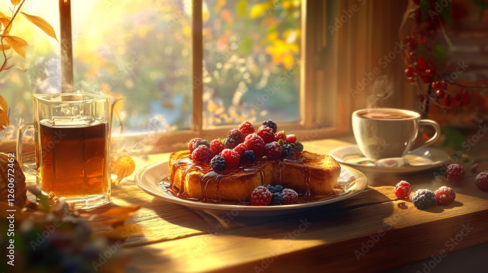 Poster a cozy breakfast scene featuring a plate of french toast topped with fresh berries and syrup, with a