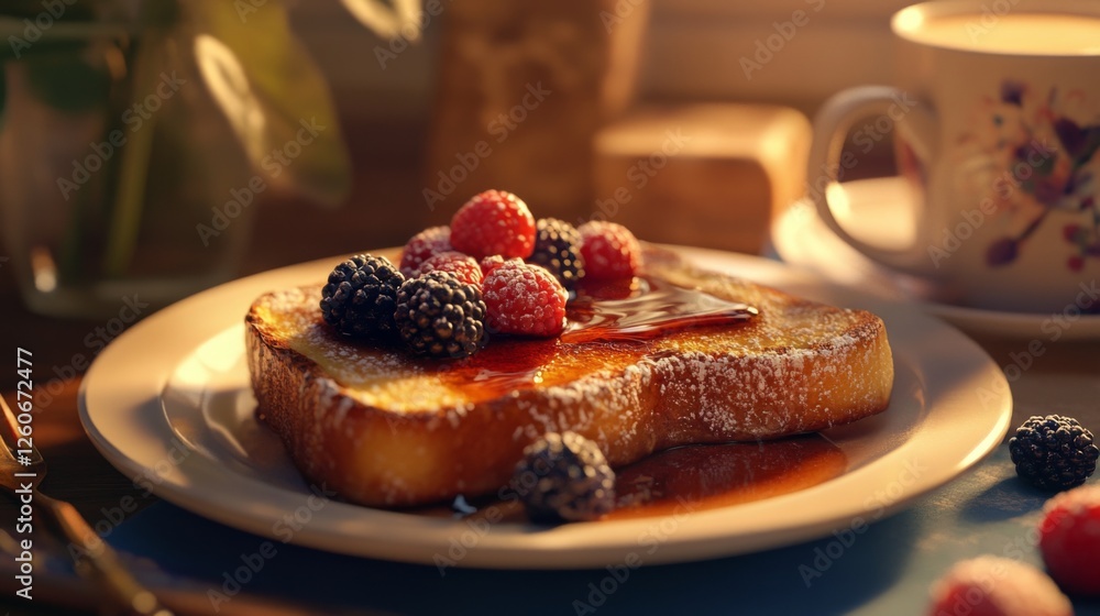 Poster a cozy breakfast scene featuring a plate of french toast topped with fresh berries and syrup, with a