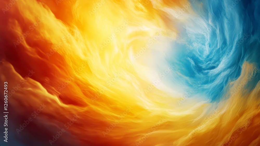 Poster abstract swirling clouds of vibrant orange and yellow merging into cool blues and grays, creating a 