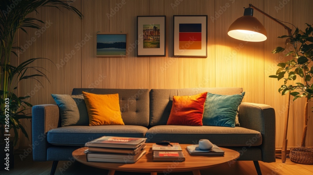 Poster a cozy living room featuring a stylish sofa with colorful cushions, a coffee table adorned with book