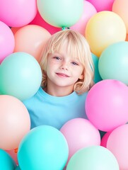 Obraz premium Happy Child Surrounded by Colorful Balloons - A joyful child with blond hair and freckles is playfully surrounded by soft pastel balloons, symbolizing happiness, celebration, childhood joy, innocence