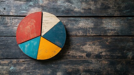A creative pie chart with textured segments showing sales data, each slice representing a different product line, set against a rustic wooden table background.