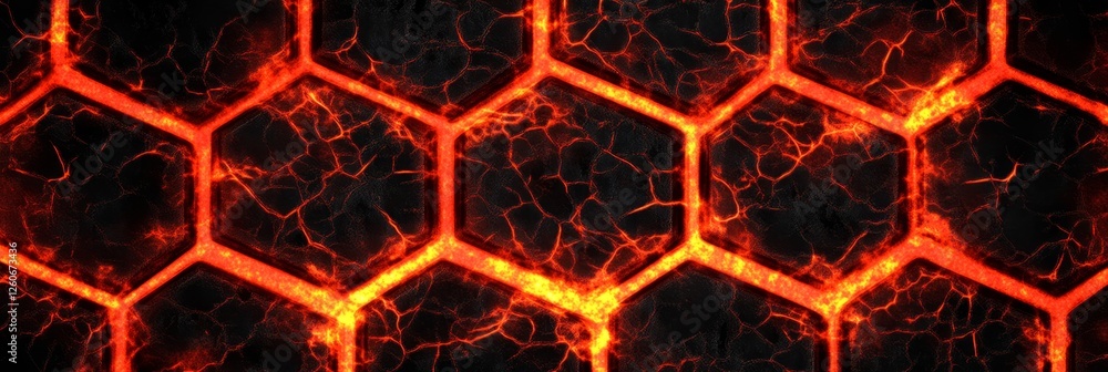 Poster hexagonal lava pattern - glowing hexagonal pattern resembling cracked lava or molten rock. intense o