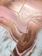 Naklejka premium Stylish floor tiles featuring a mix of pink, rose gold, and white marble patterns, creating an elegant and modern design.
