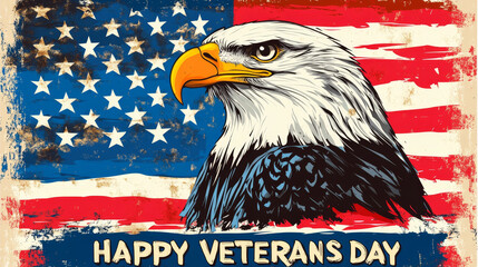 Naklejka premium Happy Veterans Day Eagle and Flag - A majestic bald eagle is featured against a distressed American flag, celebrating Veterans Day