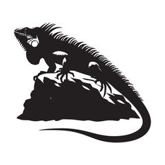 Iguana on a rock Silhouette Vector Illustration, Solid White Background.