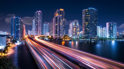 Fototapeta premium A dramatic nighttime view of a long exposure shot of an expressway, with bright lights creating trails from moving cars, emphasizing the energy and activity of the city.