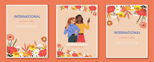 International Women s Day floral posters with diverse women illustration.