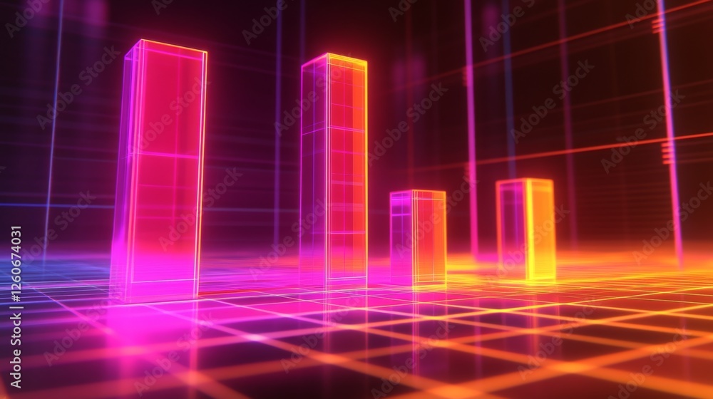 Poster a dynamic d bar graph with glowing neon bars, showing data comparison in a high-tech setting with gr