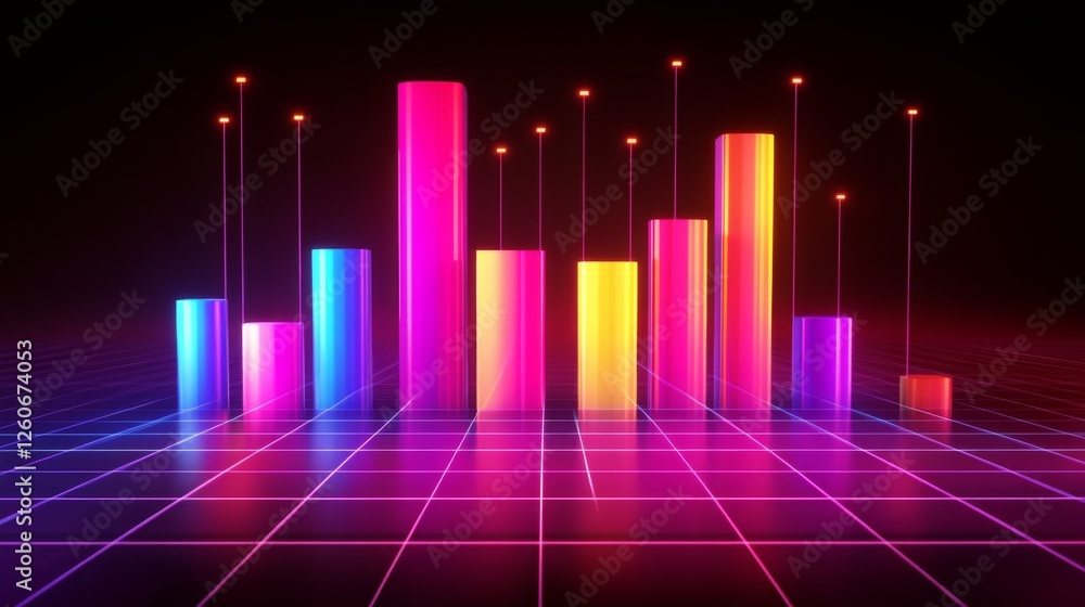 Poster a dynamic d bar graph with glowing neon bars, showing data comparison in a high-tech setting with gr