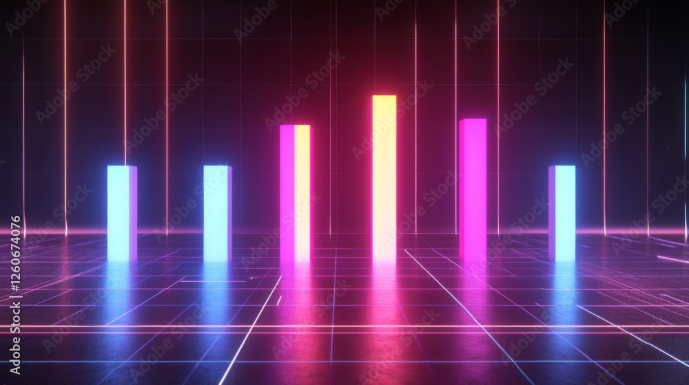 Poster A dynamic D bar graph with glowing neon bars, showing data comparison in a high-tech setting with grid lines and axis markers.