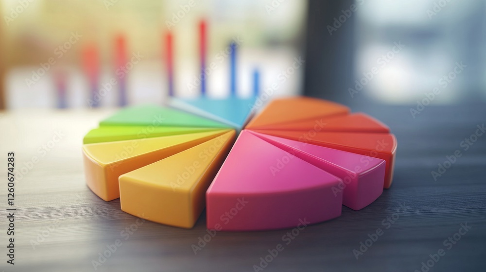Aufkleber a dynamic financial pie chart with bright, segmented slices showing business income allocation, over