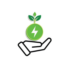 sustainable icon. green energy vector in hand. tree and lightning symbol. reuse, recycle, net zero, green energy, eco friendly concept. Mixed design style