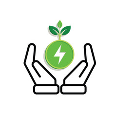 sustainable icon. green energy vector in hand. tree and lightning symbol. reuse, recycle, net zero, green energy, eco friendly concept. Mixed design style