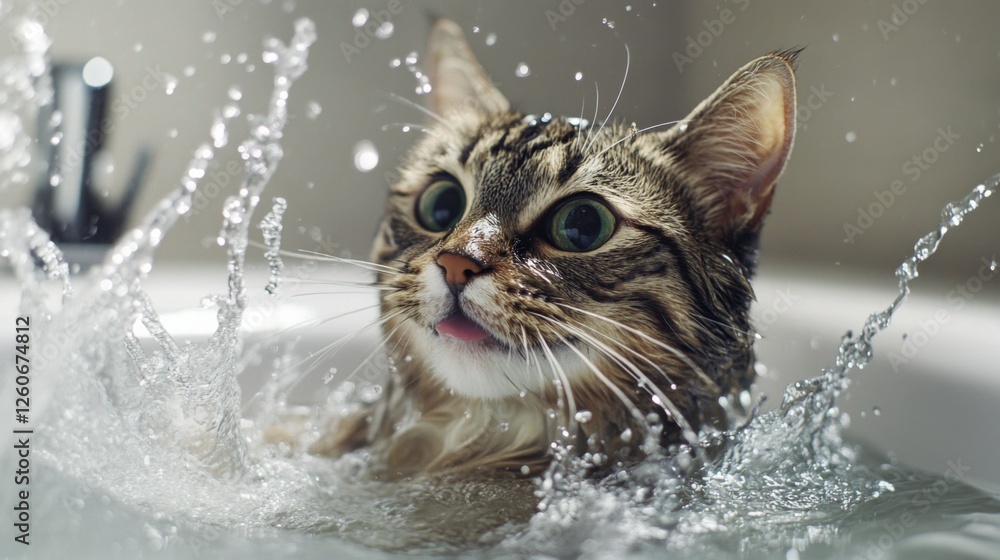 Poster A dynamic photo of a cat splashing water playfully while trying to escape the bath, emphasizing the amusing antics of pets during their grooming sessions.