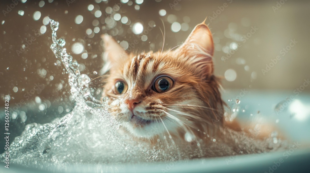 Poster A dynamic photo of a cat splashing water playfully while trying to escape the bath, emphasizing the amusing antics of pets during their grooming sessions.
