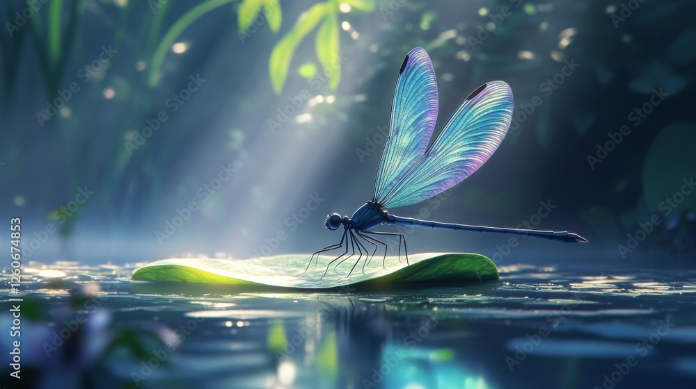 Aufkleber a dynamic scene of a dragonfly resting on a leaf near a serene pond, with its iridescent wings glist