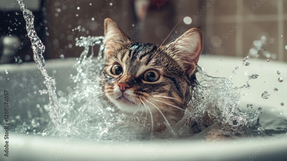 Poster A dynamic photo of a cat splashing water playfully while trying to escape the bath, emphasizing the amusing antics of pets during their grooming sessions.