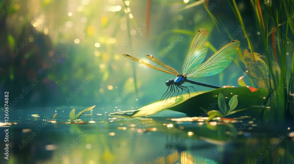 Poster a dynamic scene of a dragonfly resting on a leaf near a serene pond, with its iridescent wings glist