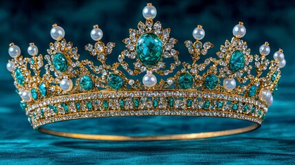 Fototapeta premium A majestic gold crown adorned with emeralds and pearls. This exquisite piece of jewelry radiates luxury and royalty, perfect for adding a touch of regal splendor to any occasion.