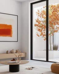 Modern Interior Living Room With Open Window, Showcasing Autumn Tree, Elegant Decor Element, Tranquil Minimalist Design
