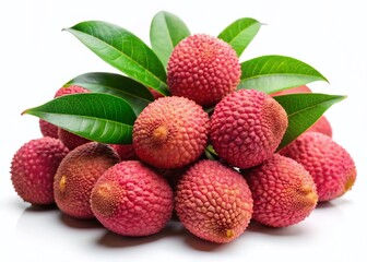 Fresh Lychees with Green Leaves Isolated on White Background - Stock Photo