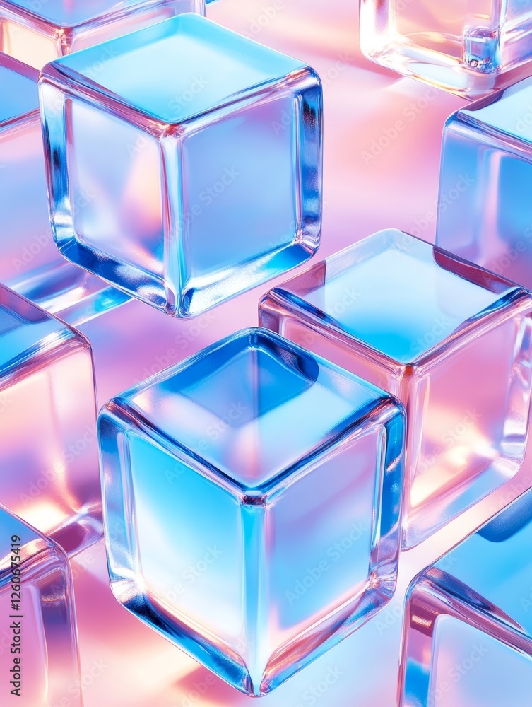 Poster iridescent glass cubes abstract - colorful, translucent glass cubes arranged in an abstract composit