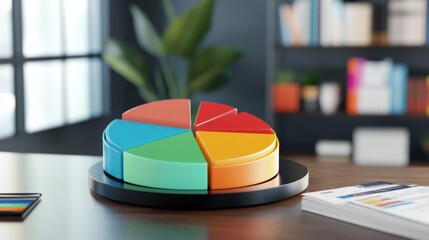 Fototapeta premium A financial pie chart in D, showing quarterly profit distribution, with clear labels and percentages, displayed on a modern office desk background.