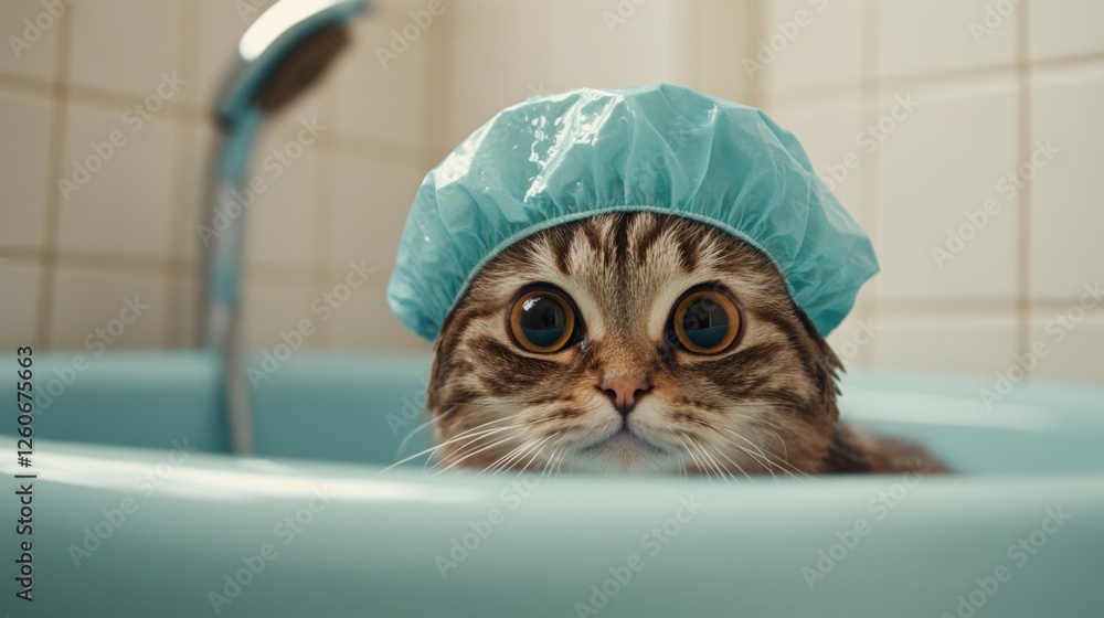 Poster a funny scene of a cat wearing a tiny shower cap while sitting in a bathtub, portraying the humor an
