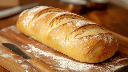 Naklejka premium A freshly baked loaf of artisanal bread resting on a wooden cutting board, with a rustic knife and a sprinkle of flour around it, showcasing the beauty of homemade baking.