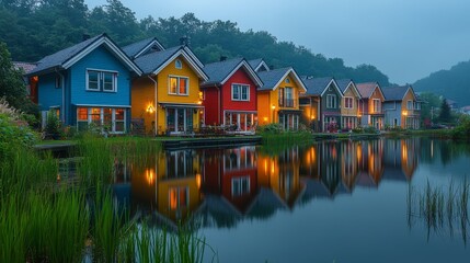 Obraz premium Lakeside Colorful Cottages at Dusk - Tranquil lakeside scene, vibrant houses, evening reflections, peaceful atmosphere, serene waterfront homes